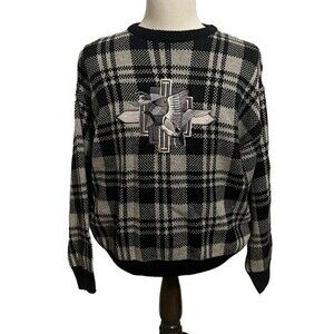 Vintage Plaid Sweater with Embroidered Bird Flying Goose Design Large
